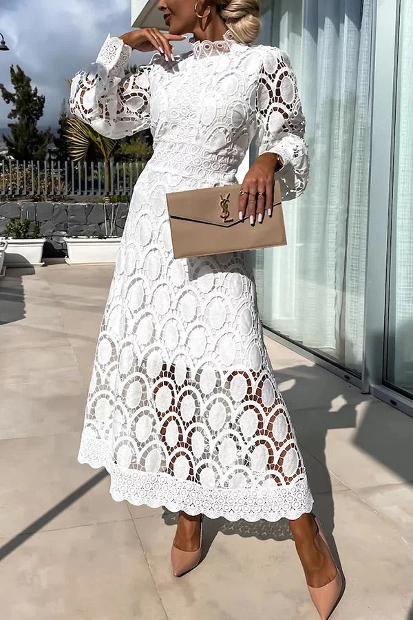 JO | Romantic, Sensual and Elegant Crochet Lace Lantern Sleeve Party Midi Dress