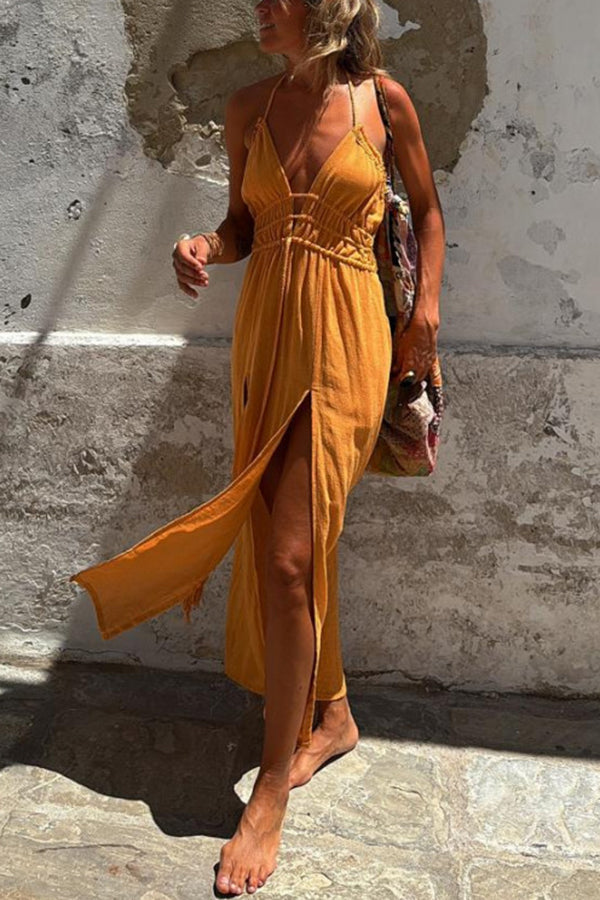 JO | Linen Blend Elastic Waist Halter Backless Pocket Slit Midi Dress