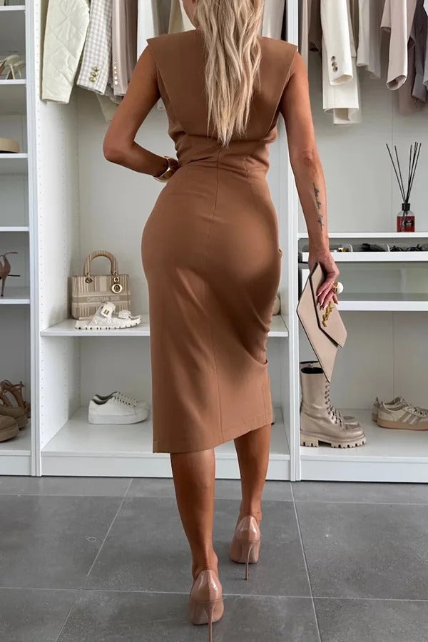 JO | Solid color Round neckline Sleeveless Slim fit midi dress with slit