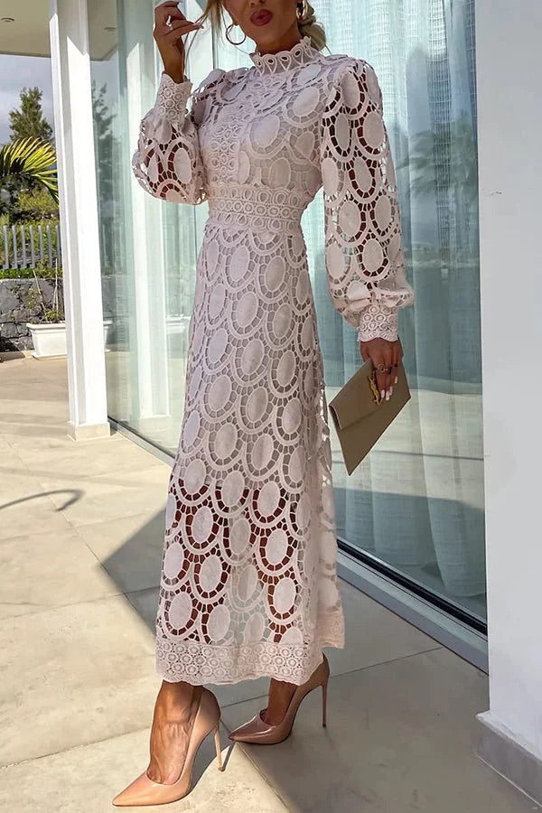 JO | Romantic, Sensual and Elegant Crochet Lace Lantern Sleeve Party Midi Dress