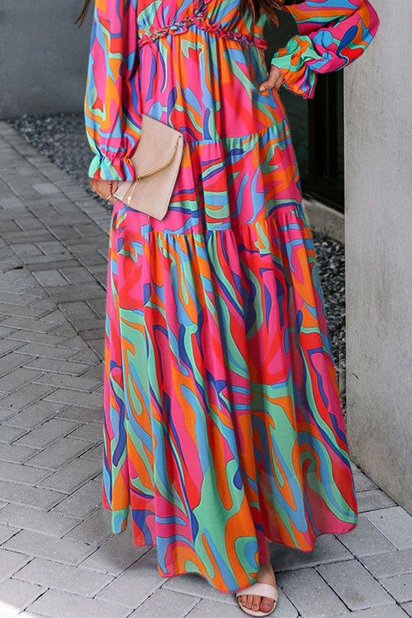JO | Multicolor floral print ruffle trim low-cut maxi dress