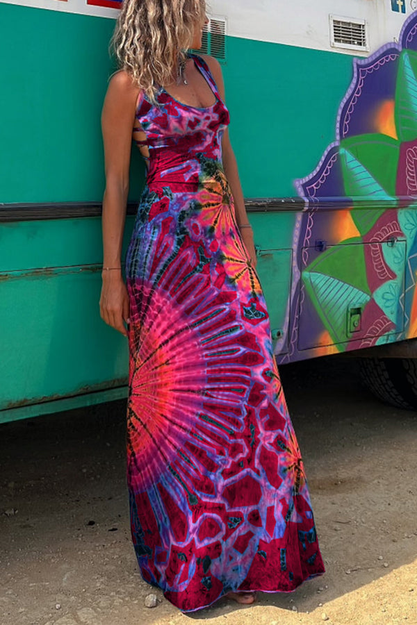 JO | La Bamba tie-dye print back lace-up stretch maxi dress
