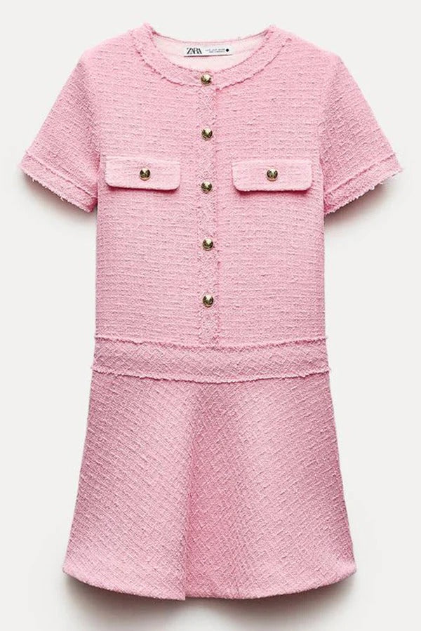 JO | 1960s London Girl tweed textured gold button short sleeve pocketed mini dress