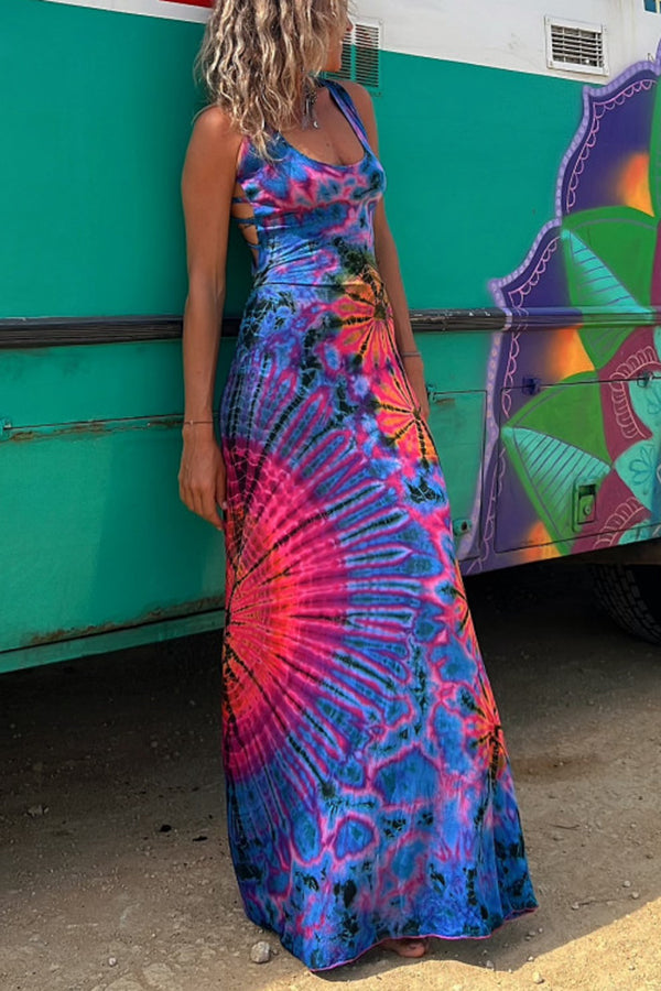 JO | La Bamba tie-dye print back lace-up stretch maxi dress
