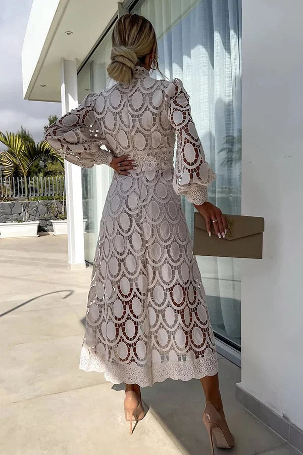 JO | Romantic, Sensual and Elegant Crochet Lace Lantern Sleeve Party Midi Dress