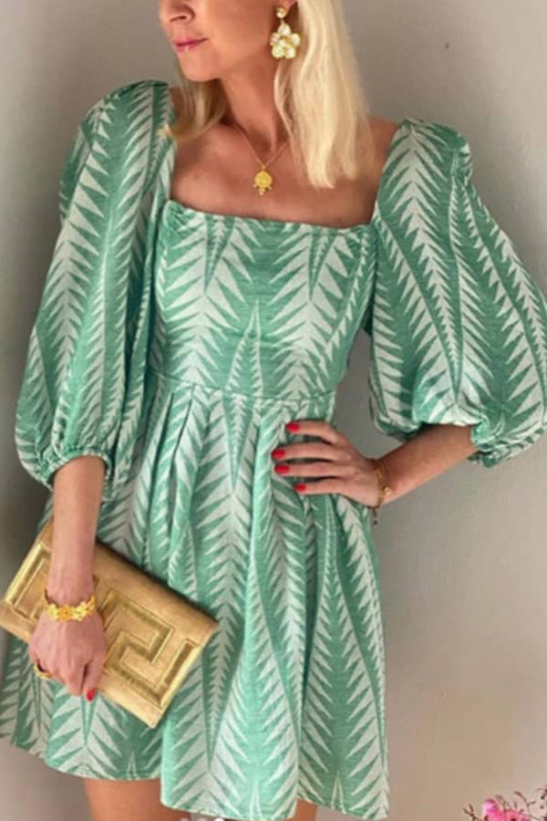 JO | summer green linen blend ethnic print balloon sleeves back lace-up mini dress