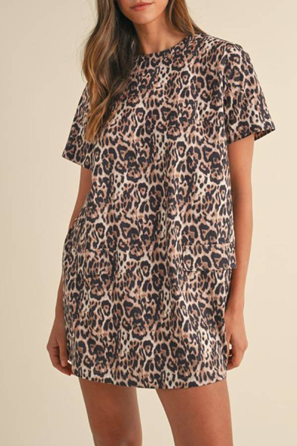 JO | Brown Leopard Print Short Sleeve Mini Dress with Pocket