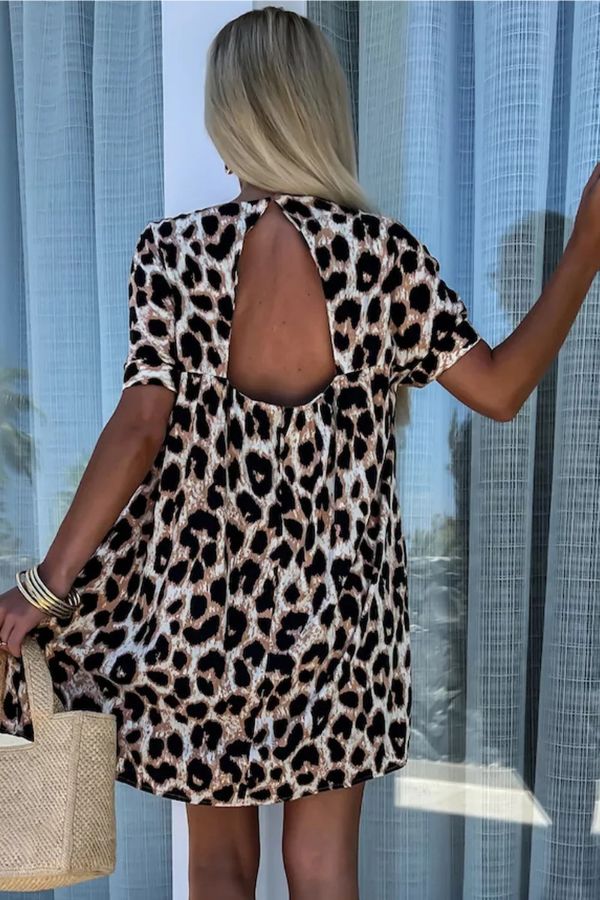 JO | Khaki leopard print backless V-neck mini dress in a loose fit