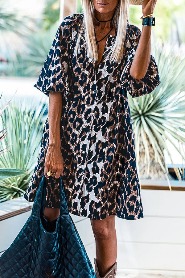 JO | Black Leopard Lantern Sleeve Button Up Mini Dress