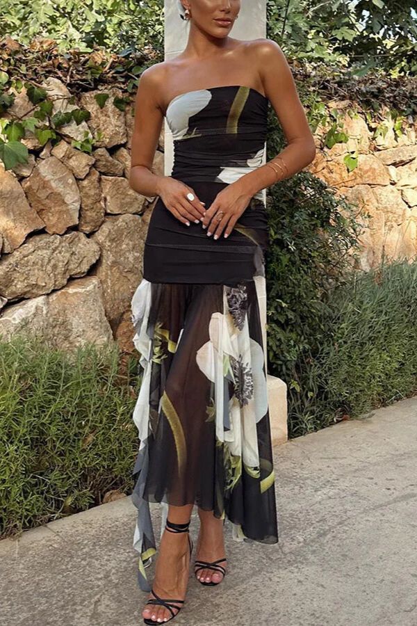 JO | Raquel Mesh Overlay Floral Print Shoulderless Ruched Ruffled Stretch Midi Dress