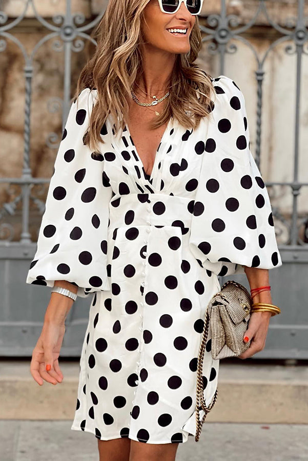 JO | Always The One Polka Dot Button Puff Sleeve Mini Dress