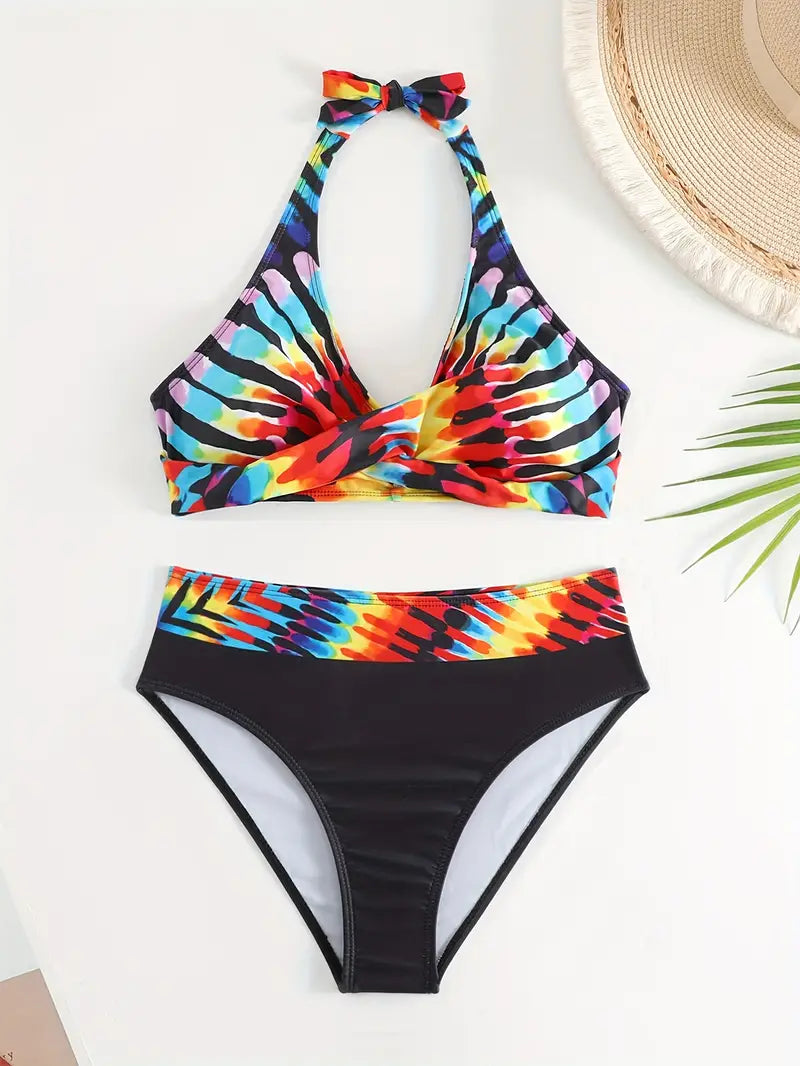 JO | Stylish Random Print Halter Cross Bikini