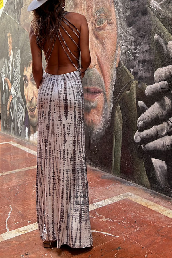JO | Modern Day Tie-dye Print Back Lace-up Stretch Maxi Dress