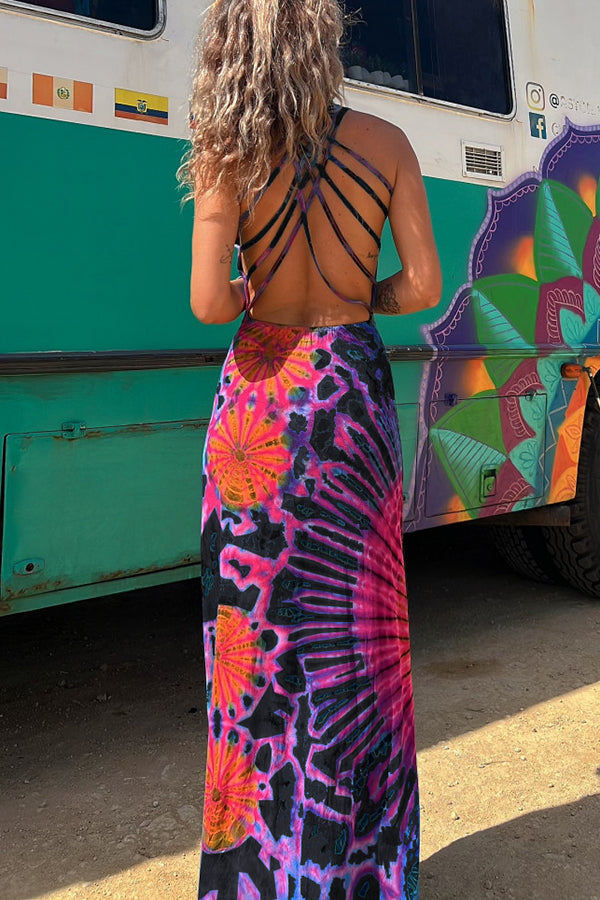 JO | La Bamba tie-dye print back lace-up stretch maxi dress