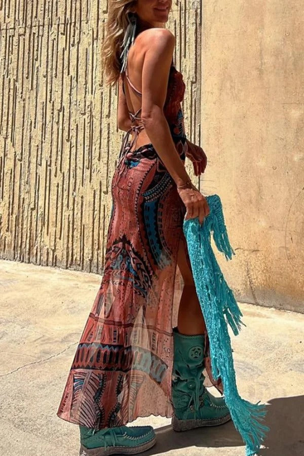 JO | Gypsy Style Unique Print Cowl Neck Back Lace Up Slit Midi Dress