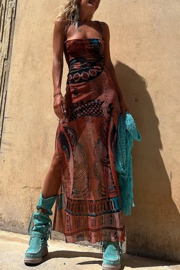 JO | Gypsy Style Unique Print Cowl Neck Back Lace Up Slit Midi Dress