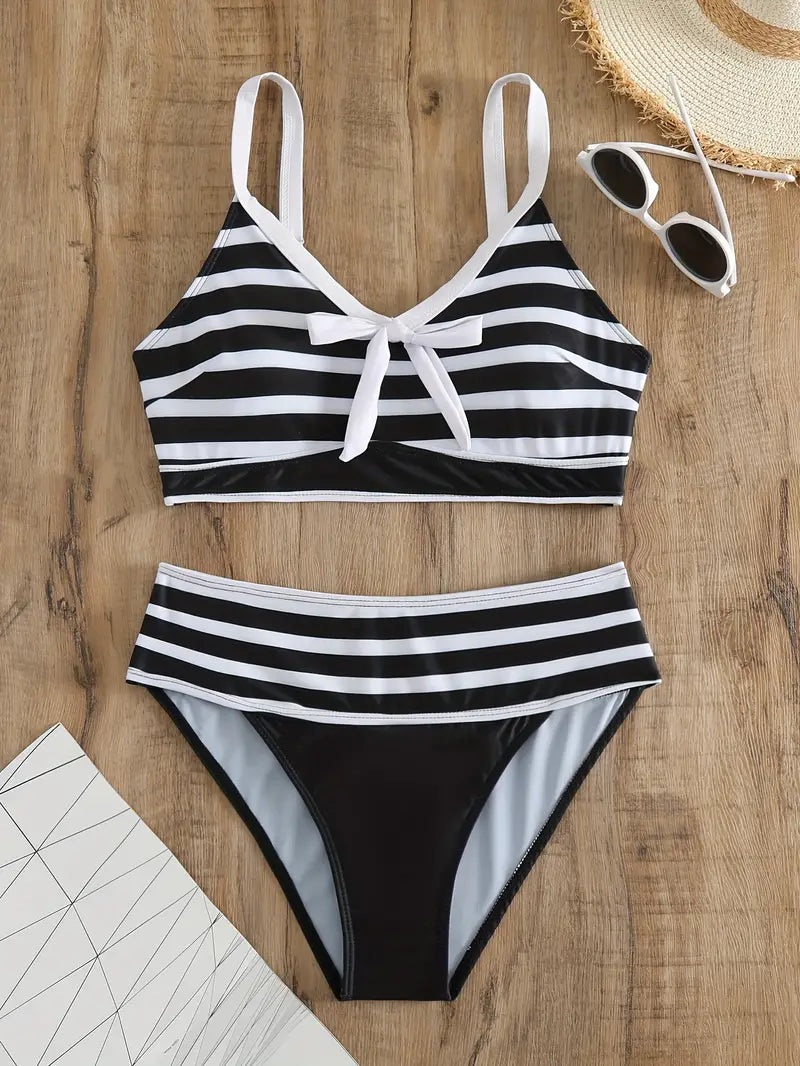 JO | Sexy striped print bow knot V-neck bikini