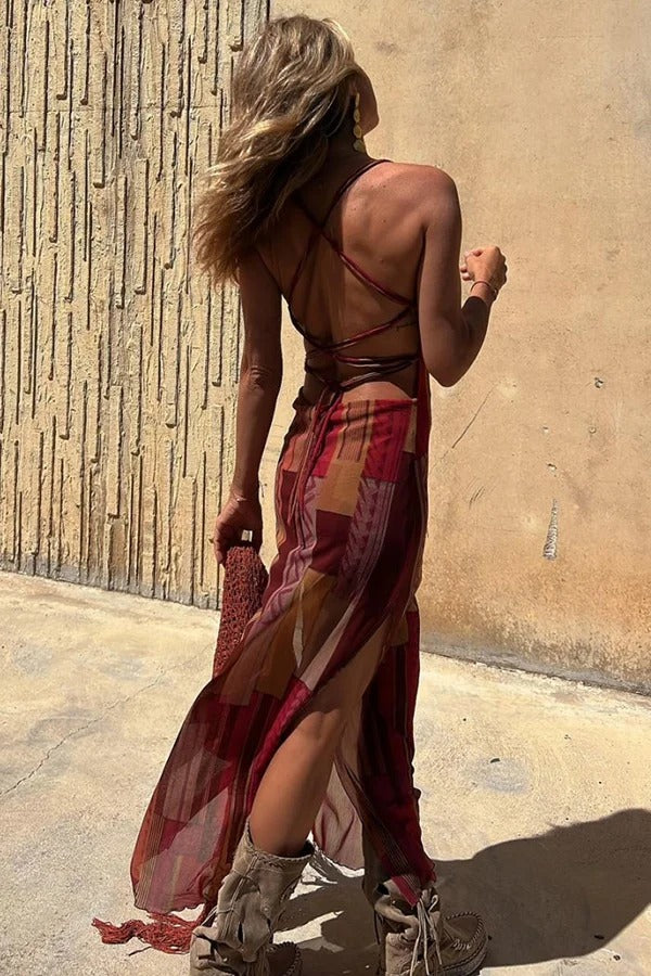 JO | Gypsy Style Unique Print Cowl Neck Back Lace Up Slit Midi Dress