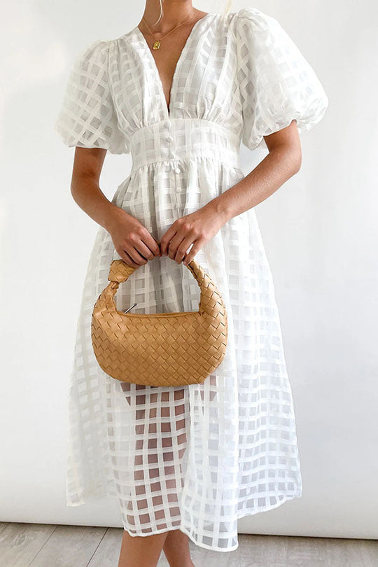 JO | Remarkable Beauty Square Patterned Fabric Puff Sleeve Party Midi Dress