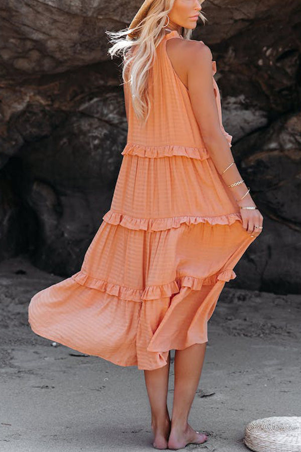 JO | COTTON BLEND, TIERED MIDI DRESS WITH POCKETS