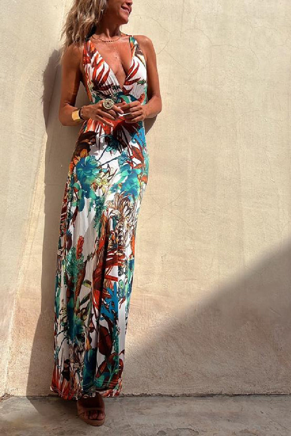 JO | RAINFOREST PARADISE TROPICAL PRINT NECKLINE BACK CROSSOVER STRETCH MAXI DRESS
