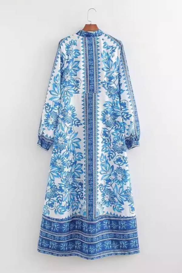 JO | Unique print button down long sleeve shirt maxi dress