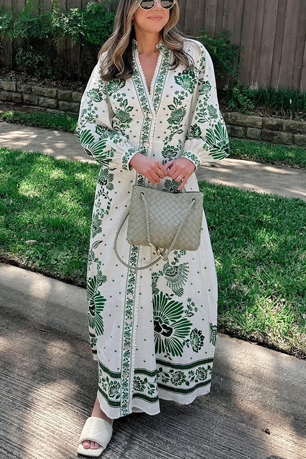 JO | Unique print button down long sleeve shirt maxi dress