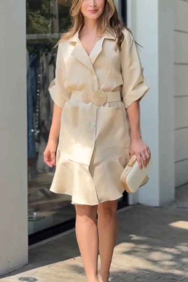 JO | Solid Color Casual Lapel Bag Ruffle Loose Mini Dress