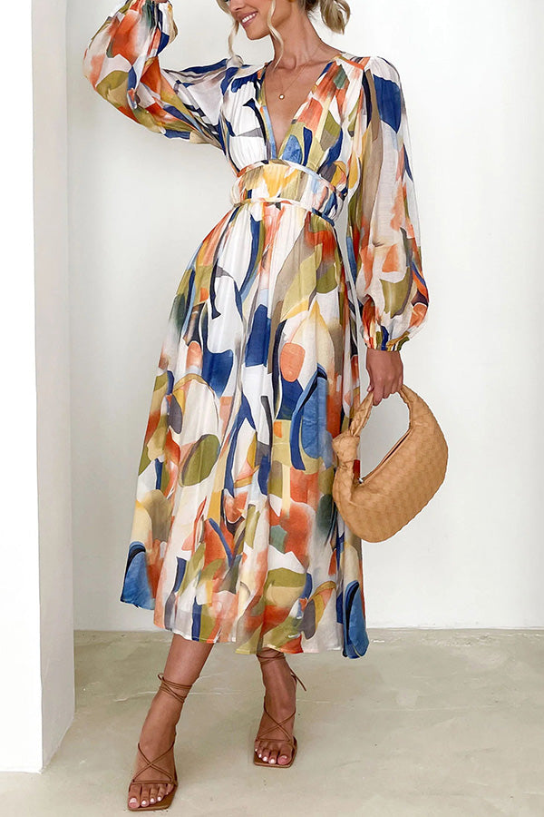 JO | Eclipse Season Printed long-sleeved maxi dress with flowing sleeves