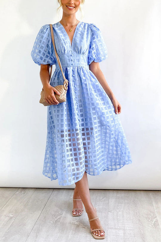 JO | Remarkable Beauty Square Patterned Fabric Puff Sleeve Party Midi Dress