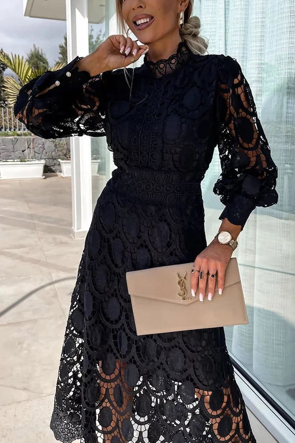 JO | Romantic, Sensual and Elegant Crochet Lace Lantern Sleeve Party Midi Dress