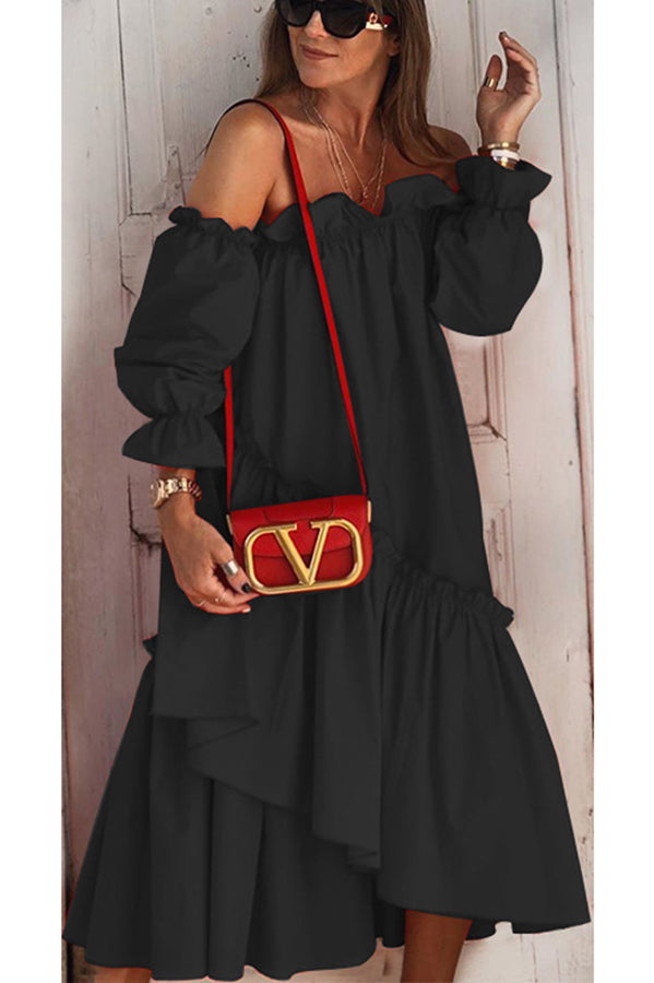 JO | Fionna Off Shoulder Ruffle Irregular Trim Loose Midi Dress