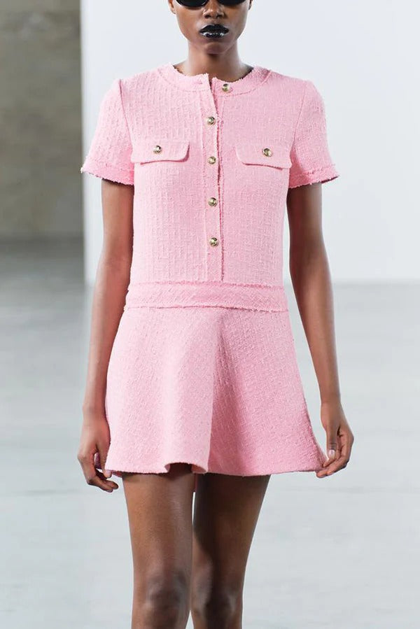 JO | 1960s London Girl tweed textured gold button short sleeve pocketed mini dress