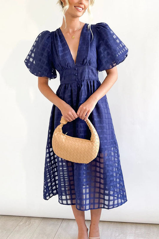 JO | Remarkable Beauty Square Patterned Fabric Puff Sleeve Party Midi Dress