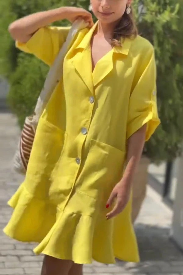 JO | Solid Color Casual Lapel Bag Ruffle Loose Mini Dress