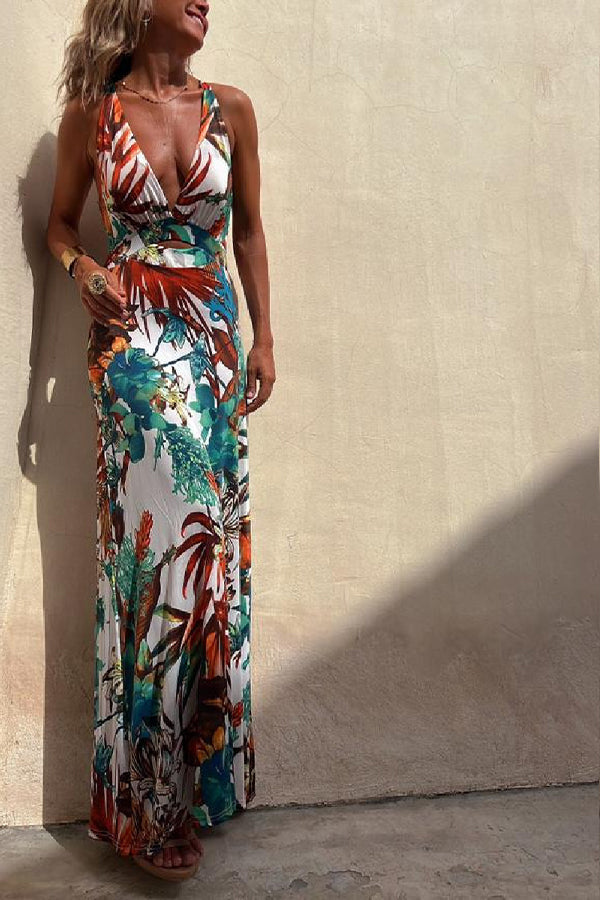 JO | RAINFOREST PARADISE TROPICAL PRINT NECKLINE BACK CROSSOVER STRETCH MAXI DRESS