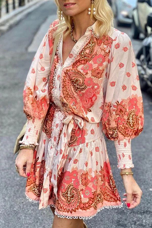 JO | Palace print button smocked sleeves belt mini dress