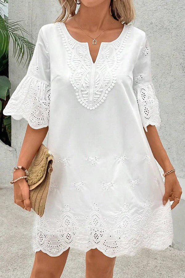 JO | Solid color hollow embroidery casual lace V-neck mini dress
