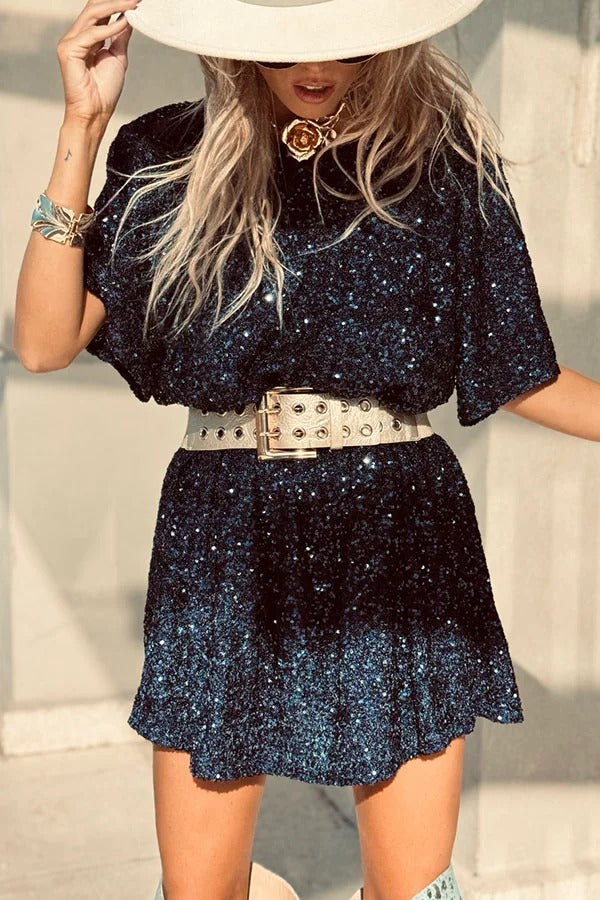 JO | Night Moves sequin fabric short sleeves backless H-line mini dress