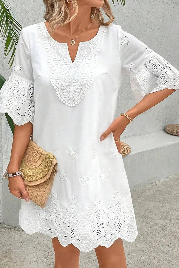 JO | Solid color hollow embroidery casual lace V-neck mini dress