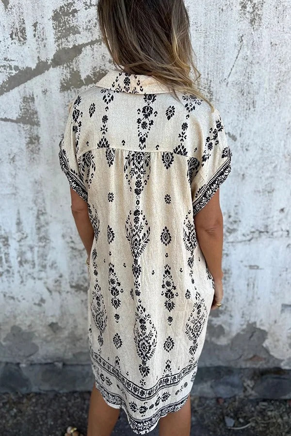 JO | Linen Blend Unique Print Lapel Casual Pocket Mini Dress