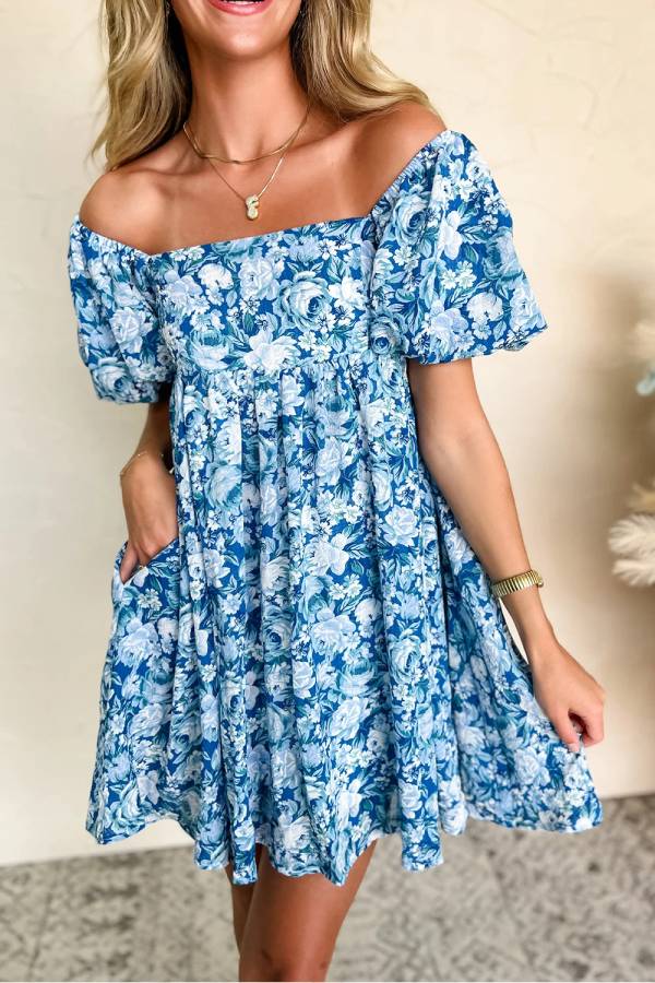 JO | Blue floral babydoll mini dress with puff sleeves