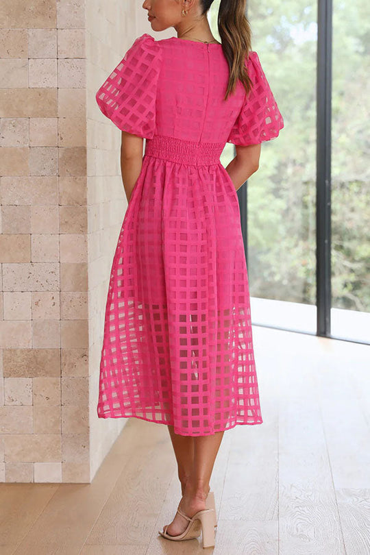JO | Remarkable Beauty Square Patterned Fabric Puff Sleeve Party Midi Dress