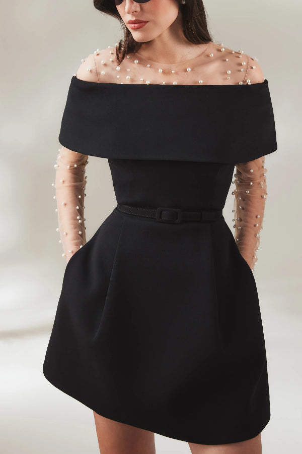 JO | Elegant Evening Lapel Bandeau Detachable Belt Pocketed Mini Dress