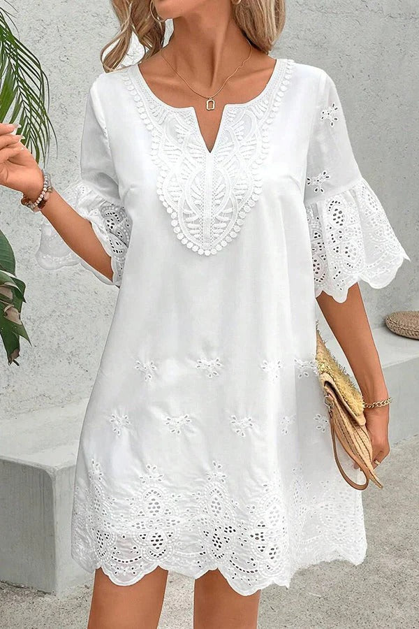 JO | Solid color hollow embroidery casual lace V-neck mini dress