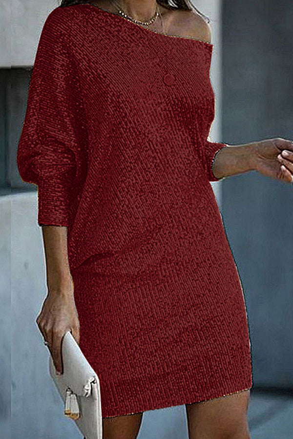 JO | Solid Sequins Off-shoulder Loose Mini Dress
