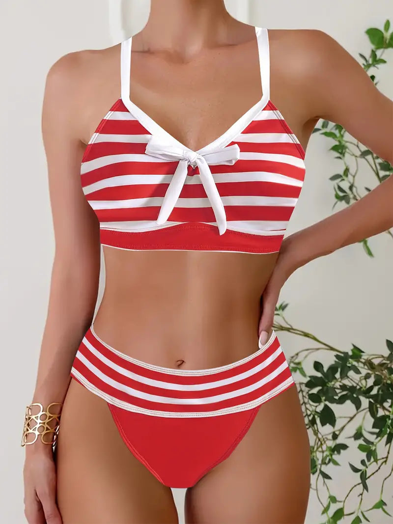 JO | Sexy striped print bow knot V-neck bikini