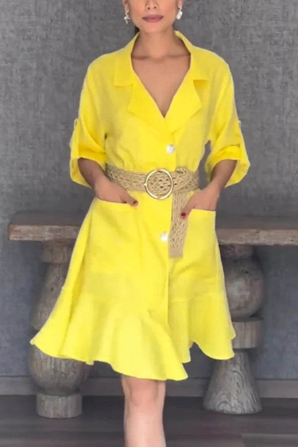 JO | Solid Color Casual Lapel Bag Ruffle Loose Mini Dress