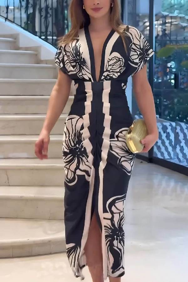 JO | Unique Bella Contrast Color Unique Print Dolman Sleeve Ruffled Slit Midi Dress