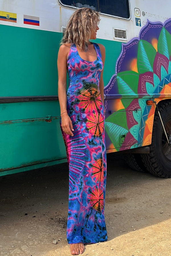 JO | La Bamba tie-dye print back lace-up stretch maxi dress